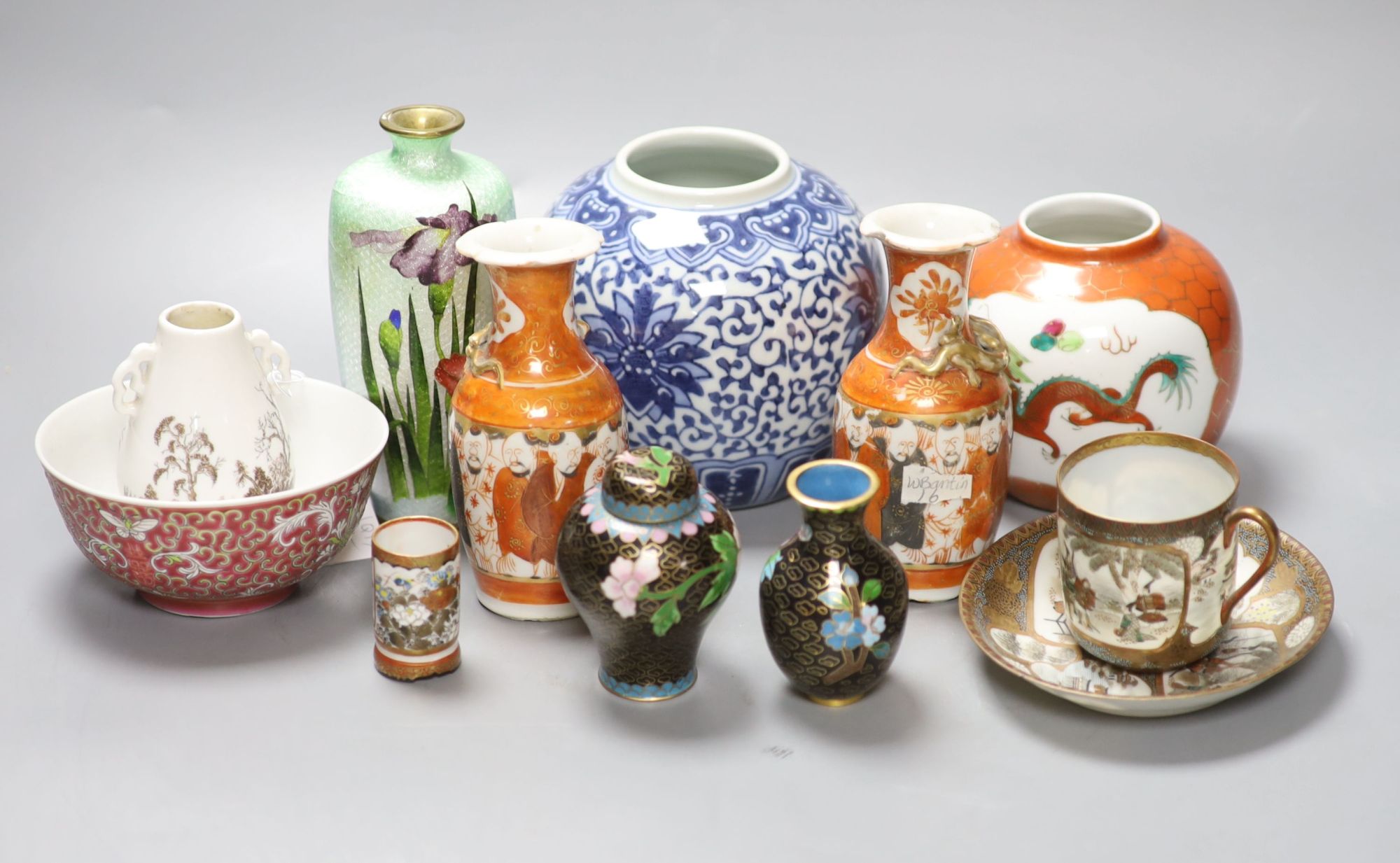 A group of Chinese and Japanese ceramics and three cloisonne enamel vases